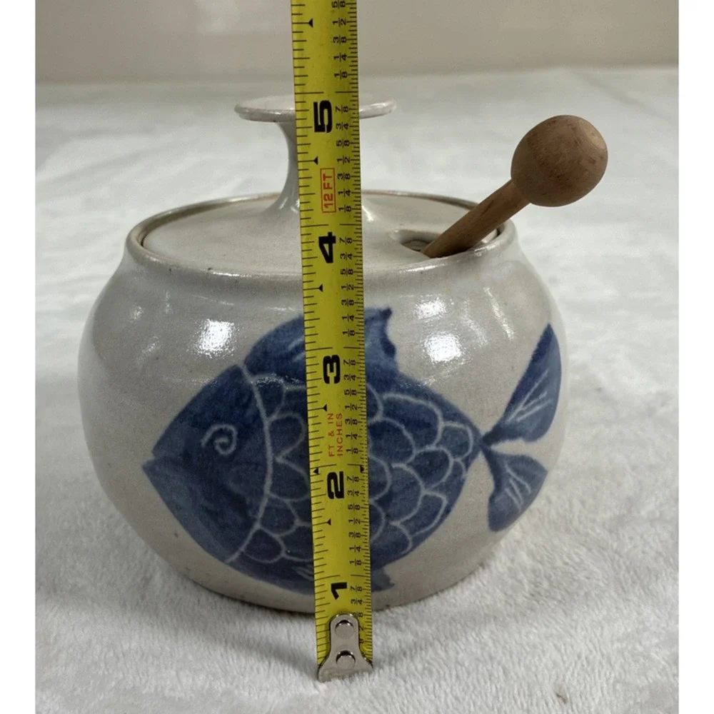 Handmade Studio Art Pottery Honey Jar Blue & White Fish Glaze with Lid & Dipper